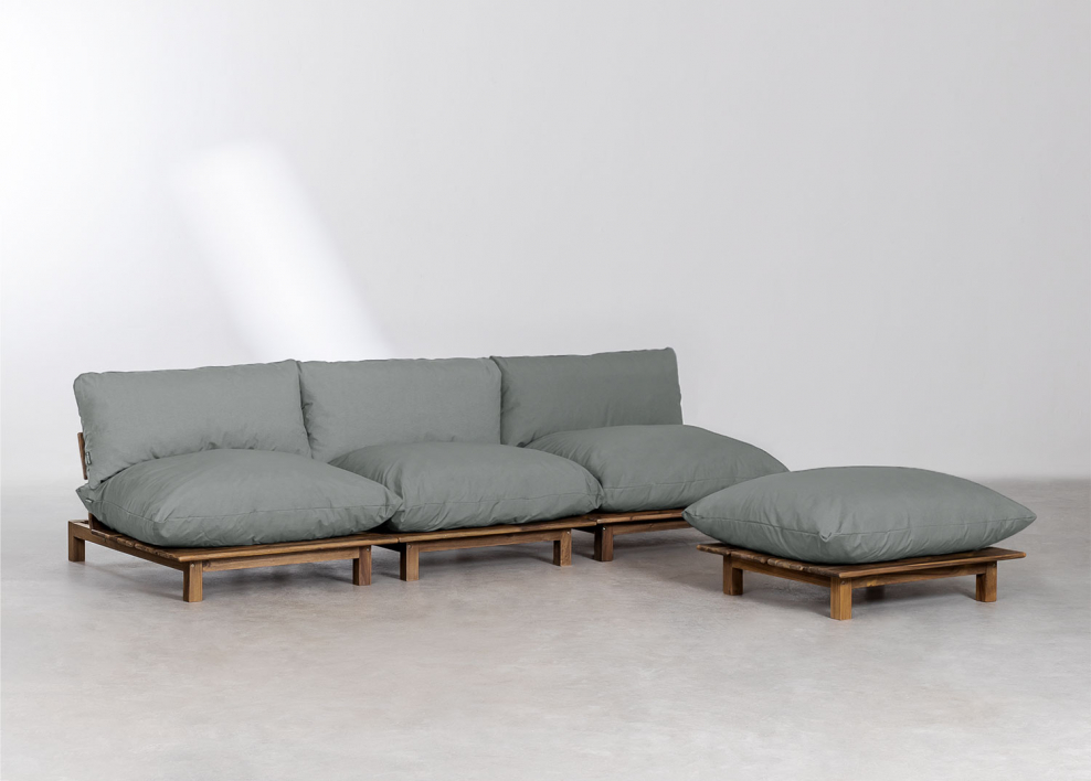 3-delige modulaire relaxfauteuil met voetenbank in acaciahout Brina - Grijs – Antraciet