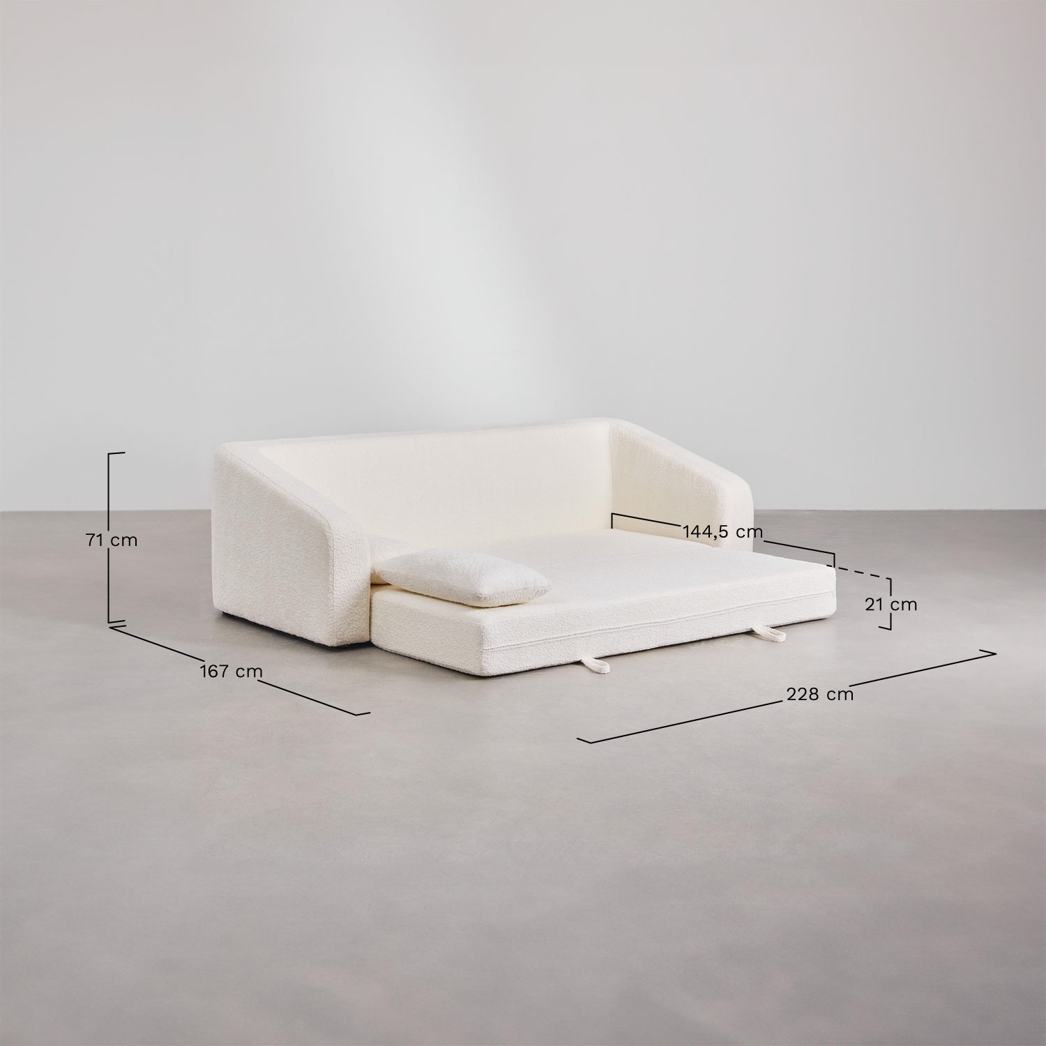 Dalila 3-zits slaapbank in boucléstof, AFMETINGEN