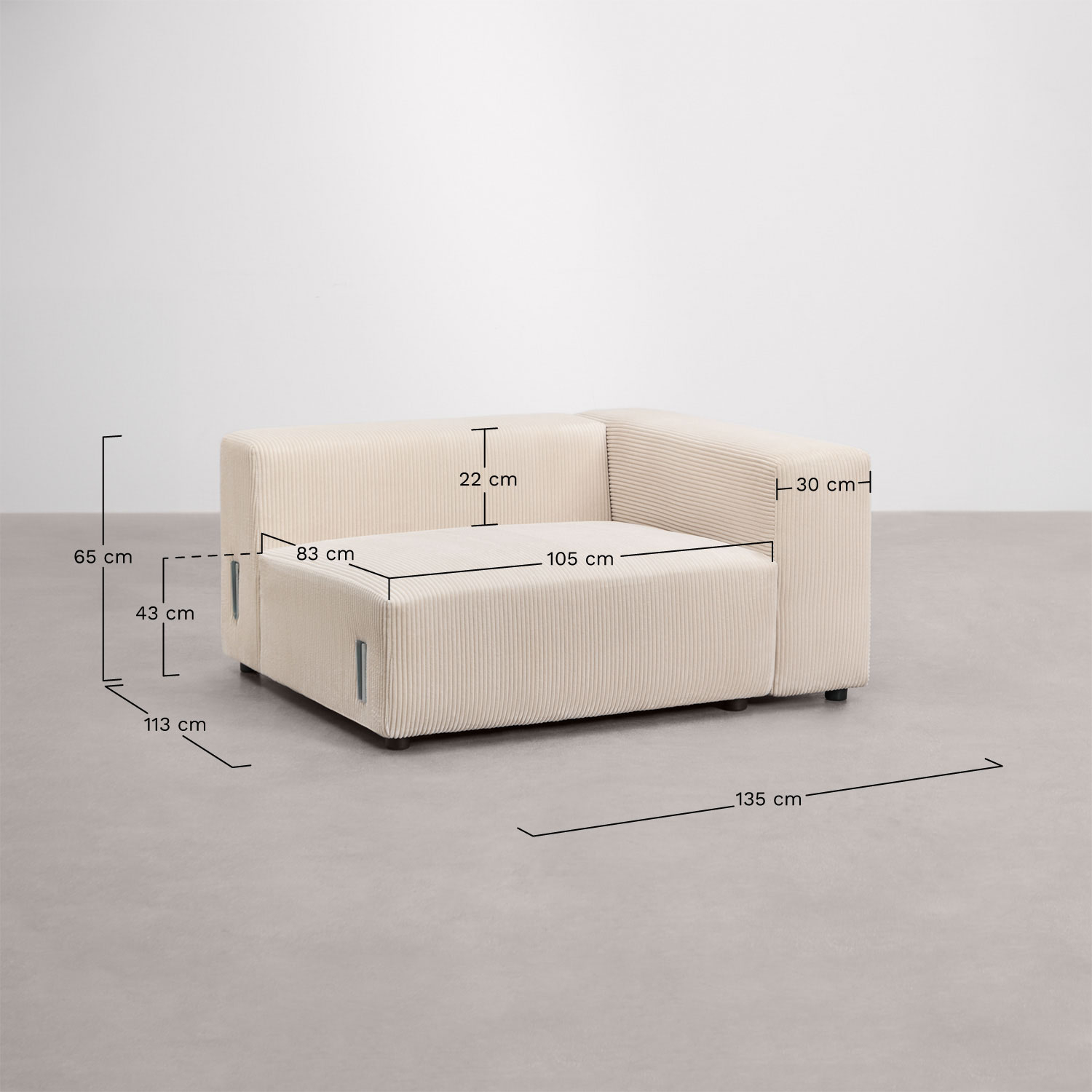 Rechter hoekmodule 135x113 cm met hoge armleuning voor modulaire bank Bruna, AFMETINGEN