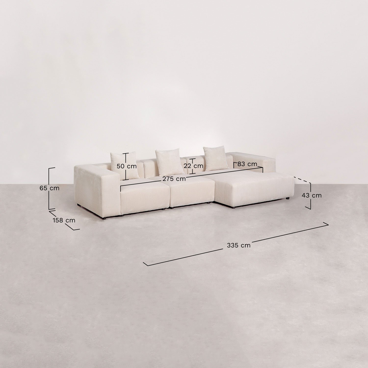 Modulaire bank met chaise longue rechts, 3-delig ↔︎335 cm met hoge armleuning Bruna, AFMETINGEN