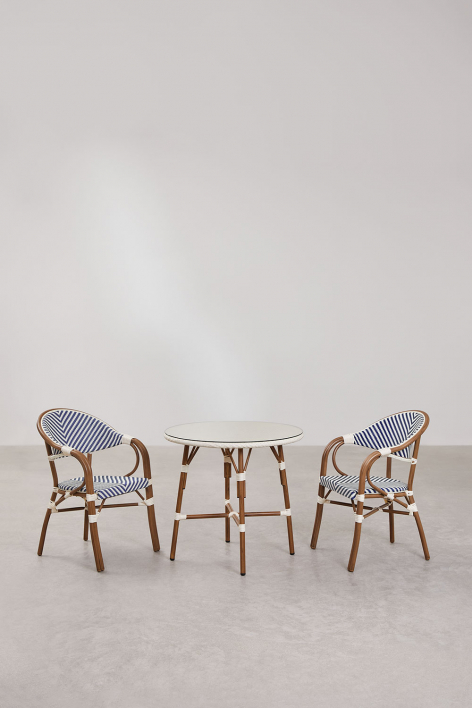 Brielle Bistro ronde tafelset, Ø80 cm, en twee stapelbare eetkamerstoelen met armleuningen van aluminium. - Ken Blauw - Gardenia Wit