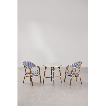 Brielle Bistro Ronde Tafelset, Ø80 Cm, En Twee Stapelbare Eetkamerstoelen Met Armleuningen Van Aluminium. Ken Blauw - Gardenia Wit - Sklum