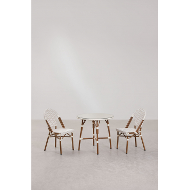 Set Ronde Tafel Ø80 Cm En 2 Stapelbare Eetkamerstoelen In Aluminium Brielle Bistro Naakt Beige - Gardenia Wit - Sklum
