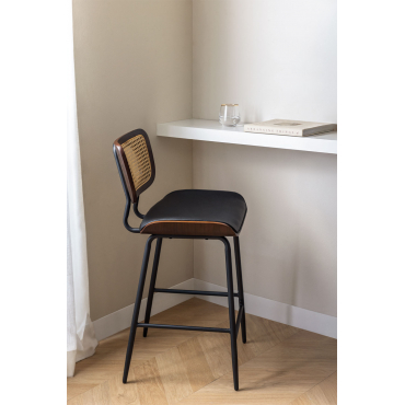 Set Van 4 Hoge Krukken In Hout, Rotan En Kunstleer Raysa Donker Hout & ↑65 Cm & Kunstleren Zwart - Sklum