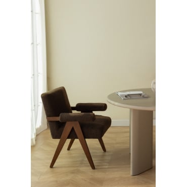 Set Van 4 Eetkamerstoelen Met Armleuningen In Hout En Lucca Bouclé Stof Bouclé Chocolade Bruin - Sklum