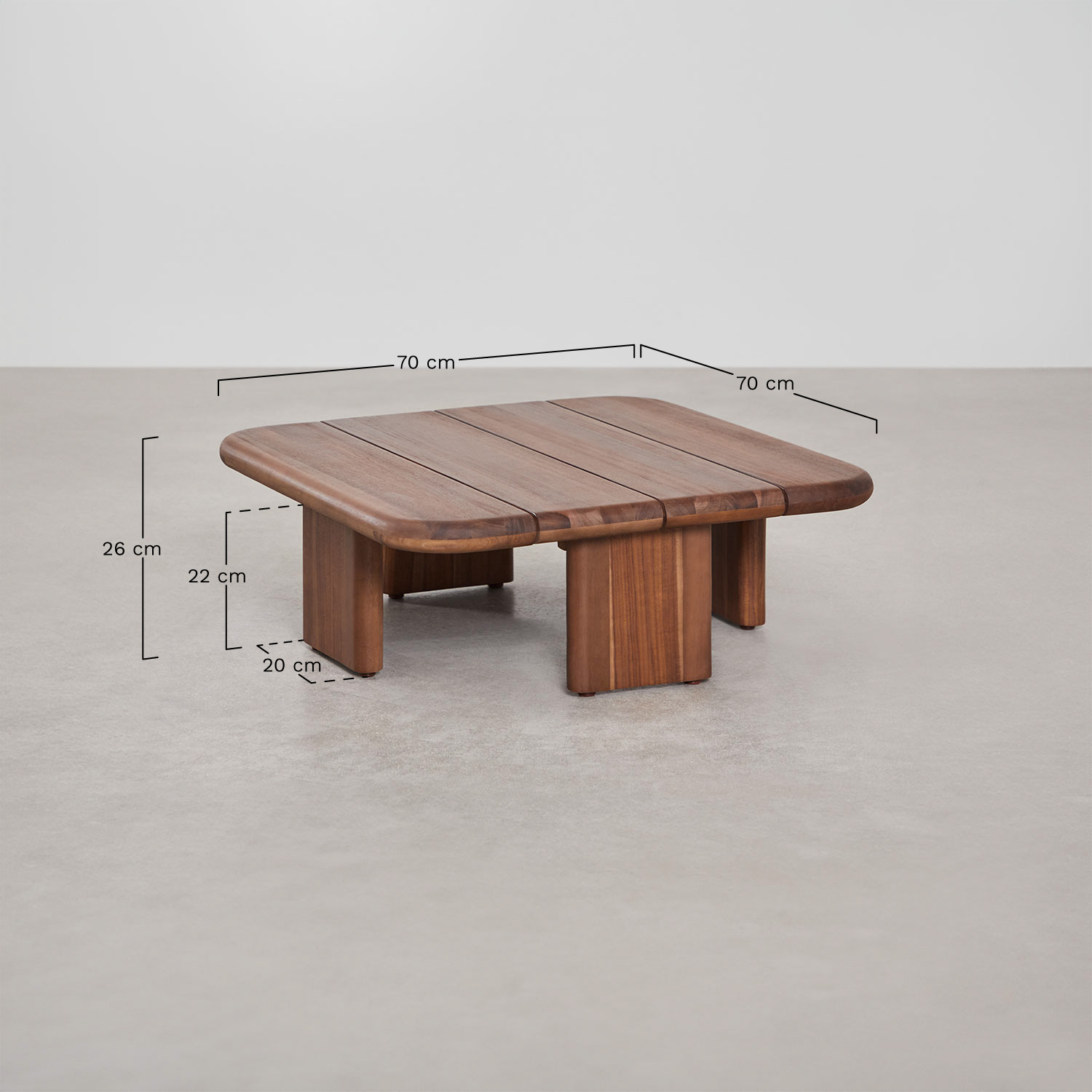 Vierkante salontafel (70x70 cm) in Famara acaciahout, AFMETINGEN