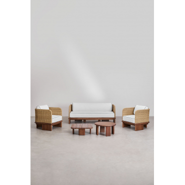 Woonkamerset Met 3-zitsbank, 2 Fauteuils En 2 Salontafels In Rotan En Acaciahout Famara Acacia Bruin - Sklum