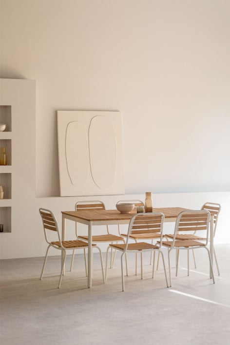 Rechthoekige tafelset 160x90 cm en 6 stapelbare eetkamerstoelen in staal en acaciahout Artus - Gardenia Wit