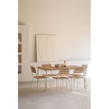 Rechthoekige Tafelset 160x90 Cm En 6 Stapelbare Eetkamerstoelen In Staal En Acaciahout Artus Gardenia Wit - Sklum