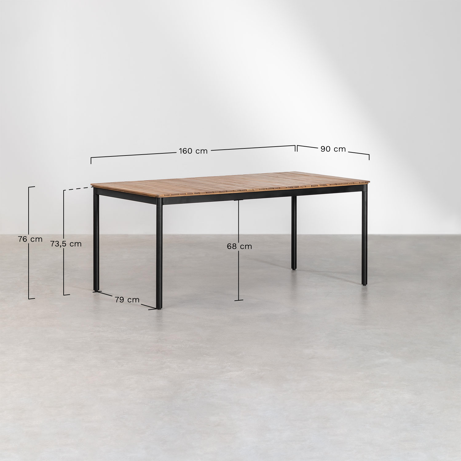 Rechthoekige tafelset 160x90 cm en 6 stapelbare eetkamerstoelen in staal en acaciahout Artus   , AFMETINGEN