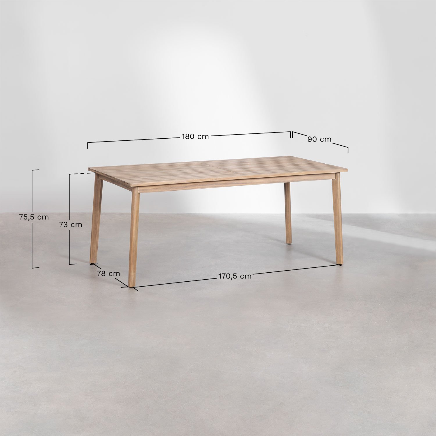 Rechthoekige tafelset 180x90 cm in Kaela acaciahout en 6 Uleno acaciahouten eetkamerstoelen, AFMETINGEN