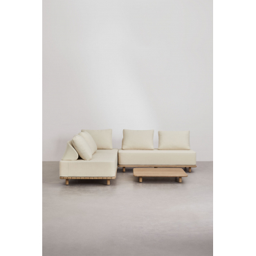 Woonkamer Set Met Modulaire Hoekbank Van 3 Delen En Salontafel 95x95 Cm In Acacia Portet Gardenia Wit - Sklum