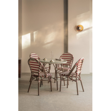 Ronde Tafelset Ø80 Cm Brielle Bistro En 4 Stapelbare Stoelen In Synthetisch Riet En Aluminium Solange Bistro Beige – Crème - Rood – Bordeaux - Sklum