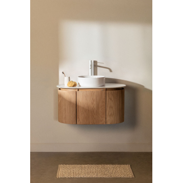 Carsone Hangend Badkamermeubelset Van Hout Natuurlijk Hout & Zonder Extra Eenheid & Rond Keramiek Wit Ø40 Cm Lenka & Spiegelloze & Wit - Sklum