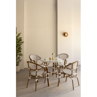 Set Van Ronde Tafel Ø80 Cm En 4 Stapelbare Stoelen Met Armleuningen In Textileen En Aluminium Brielle Bistro Gardenia Wit - Sklum