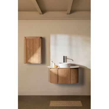 Carsone Houten Badkamermeubelset Natuurlijk Hout & Natuurlijk Hout & Rond Keramiek Wit Ø40 Cm Lenka & Spiegelloze & Zwart ↑30 - Sklum