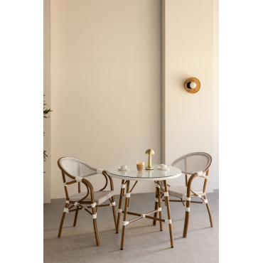 Ronde Tafelset Ø80 Cm En 2 Stapelbare Stoelen Met Armleuningen In Textileen En Aluminium Brielle Bistro Gardenia Wit - Sklum