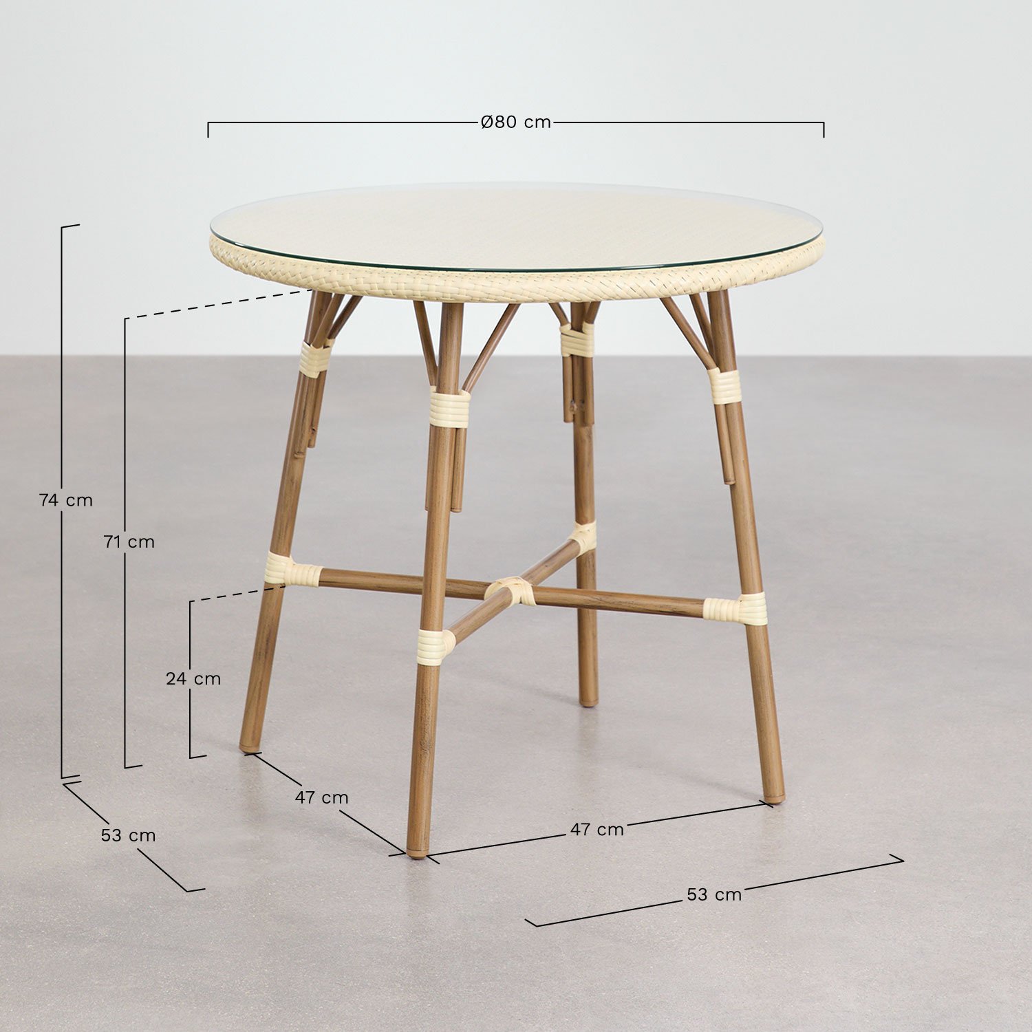 Ronde tafelset Ø80 cm Brielle Bistro en 2 stoelen met armleuningen in synthetisch riet en aluminium Solange Bistro, AFMETINGEN