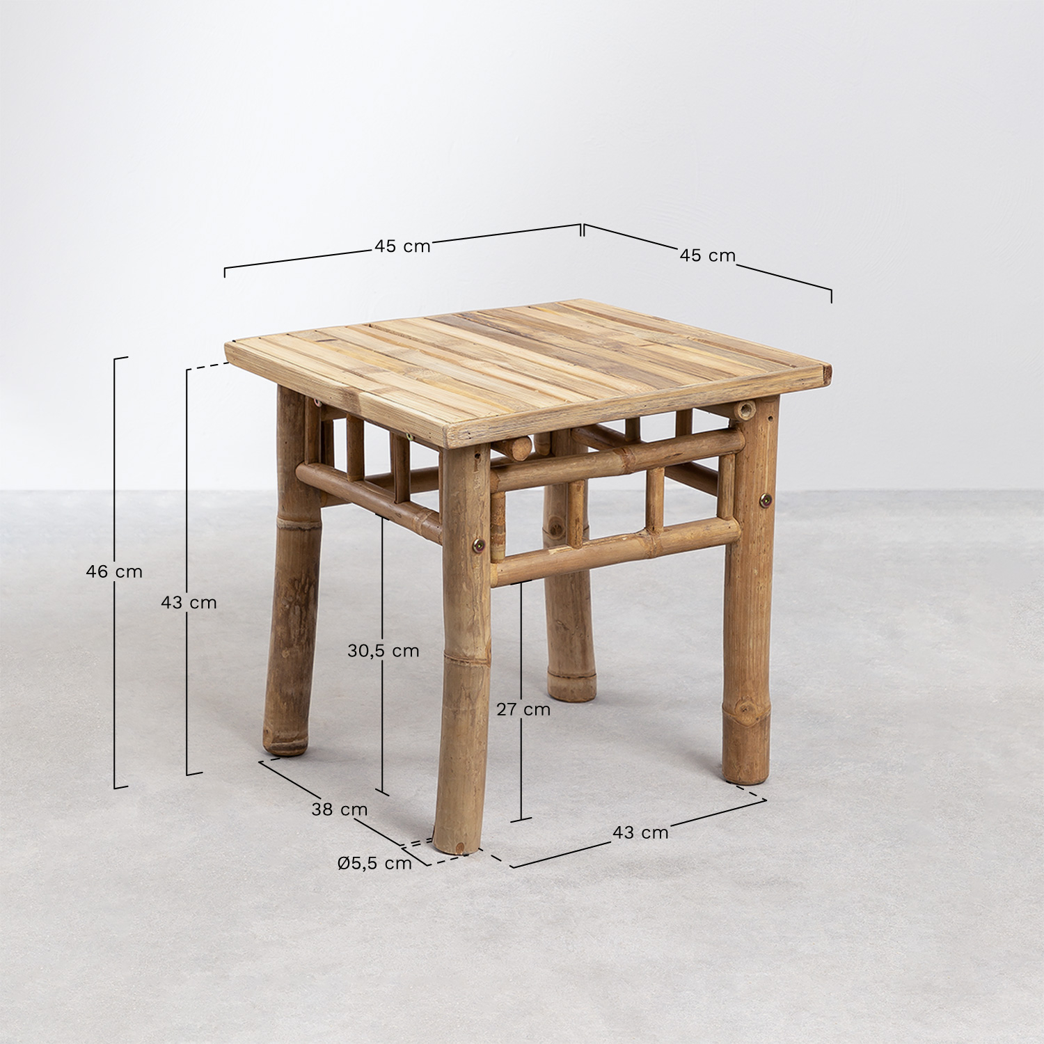 Vierkante bijzettafel voor de tuin 45x45 cm in bamboe Jamaik, AFMETINGEN