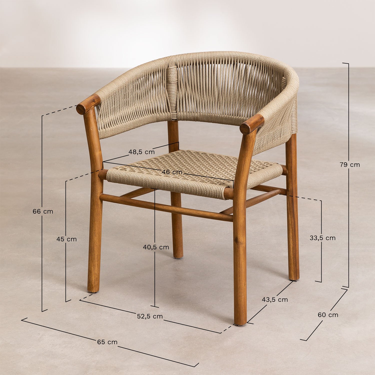 Set van 2 eetkamerstoelen met armleuningen in acaciahout en gevlochten touw Tenay Classic, AFMETINGEN