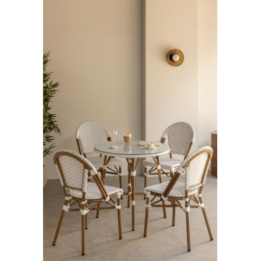 Set Ronde Tafel Ø80 Cm En 4 Stapelbare Eetkamerstoelen In Aluminium Brielle Bistro Naakt Beige - Gardenia Wit - Sklum