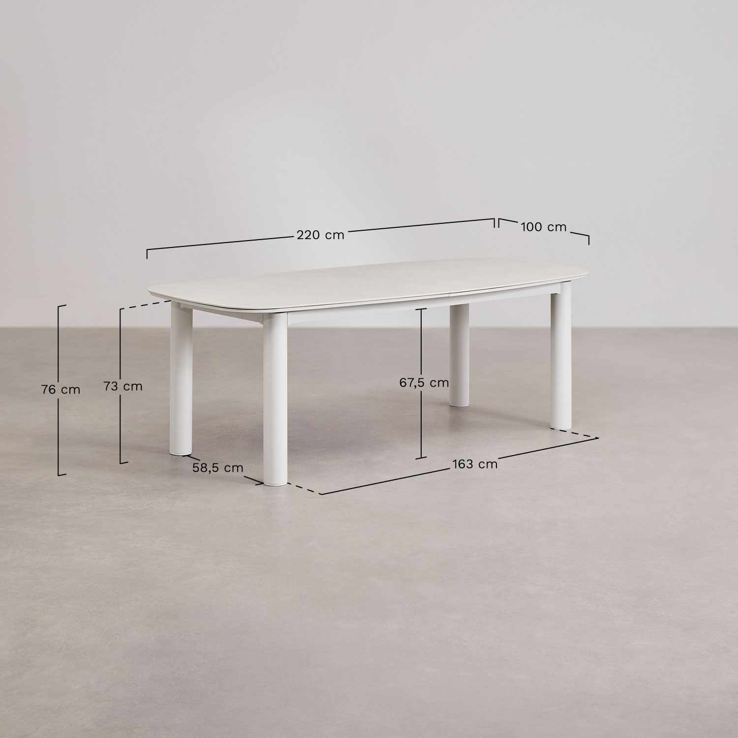 Uitschuifbare rechthoekige eettafel 220-280x100 cm in keramiek en aluminium Zinti, AFMETINGEN