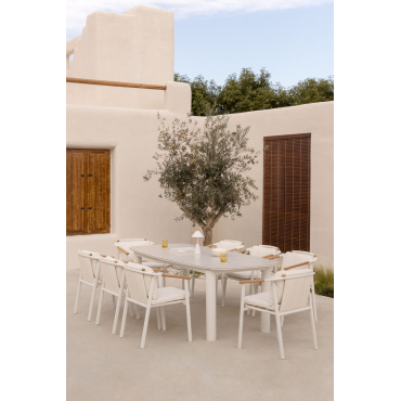 Rechthoekige Uitschuifbare Tafelset 220-280x100 Cm In Zinti-keramiek En 8 Tuinstoelen In Aluminium En Yervin Bouclé-stof Beige – Crème - Sklum