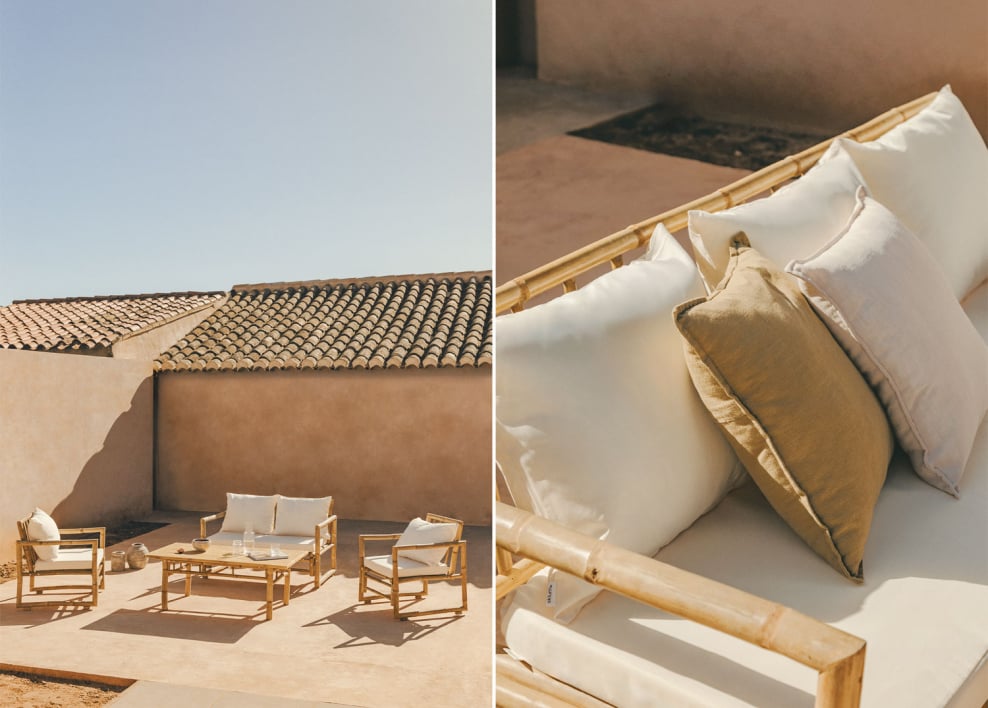 Tuinset met 2-zitsbank, 2 fauteuils en salontafel 90x50 cm van bamboe Livayna