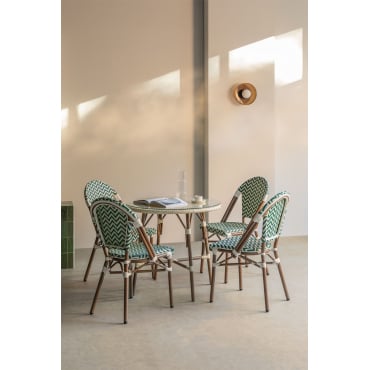 Set Ronde Tafel Ø80 Cm En 4 Stapelbare Eetkamerstoelen In Aluminium Brielle Bistro Groen – Kool - Gardenia Wit - Sklum