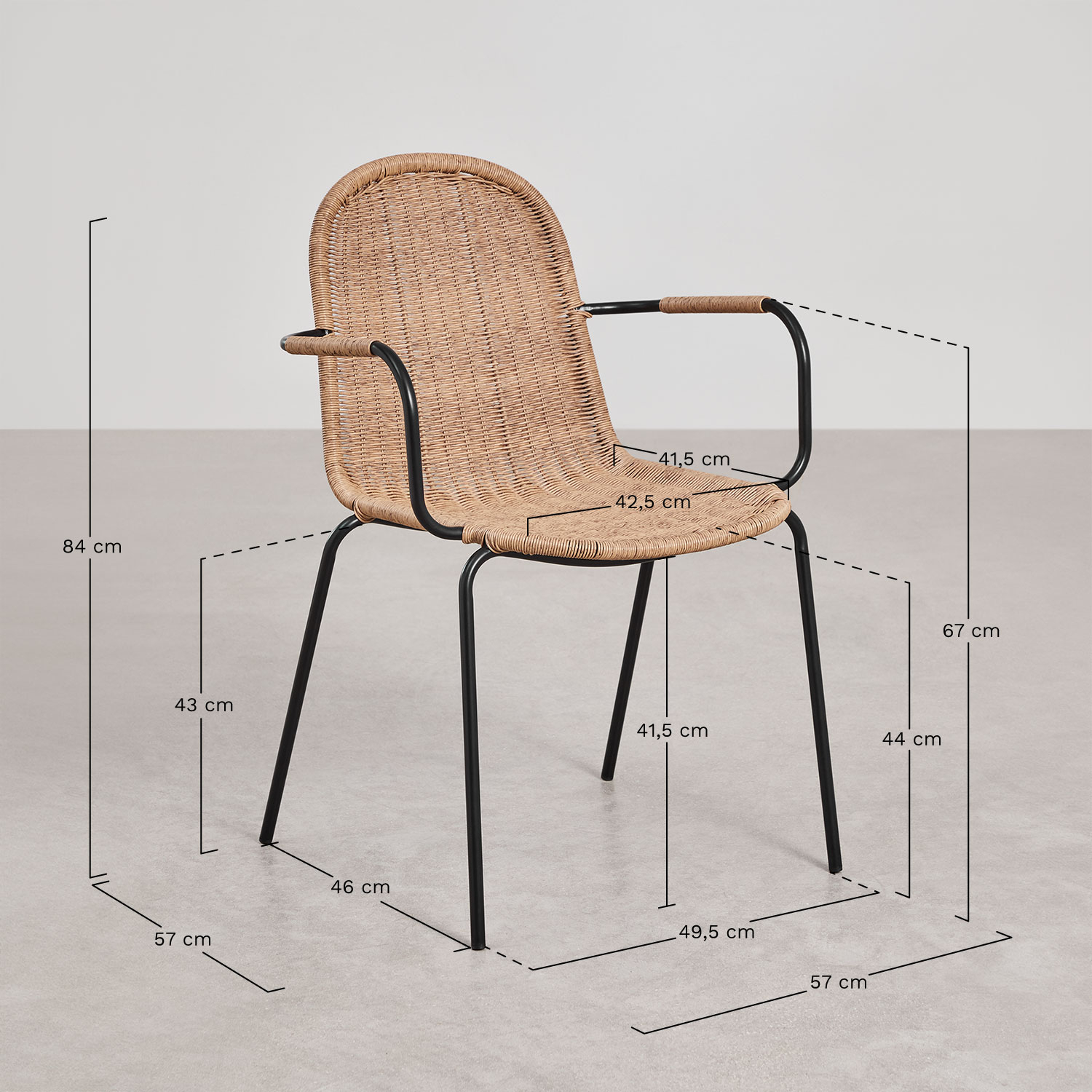 Stapelbare eetkamerstoelen set van 2 met armleuningen in synthetisch riet Reiven, AFMETINGEN