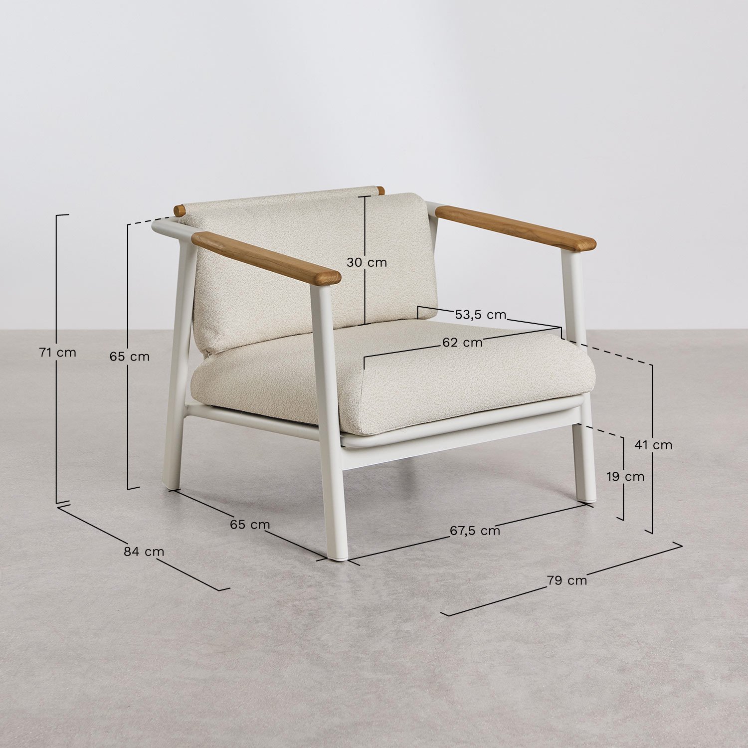 Tuinset met 3-zits bank in bouclé stof, 2 salontafels en 2 fauteuils in aluminium Yervin, AFMETINGEN