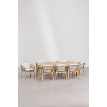 Rechthoekige Tafelset 220x100 Cm En 8 Eetkamerstoelen In Acaciahout En Karvia Gevlochten Touw Stof Wit - Sklum