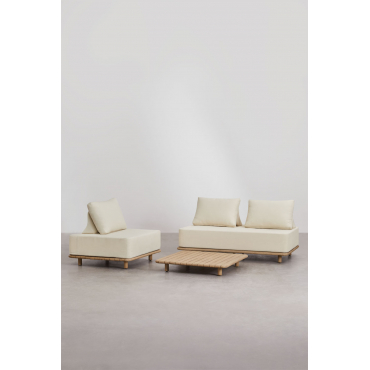 Woonkamer Set Met 2-zitsbank, Fauteuil En Salontafel 95x95 Cm In Acacia Portet Gardenia Wit - Sklum