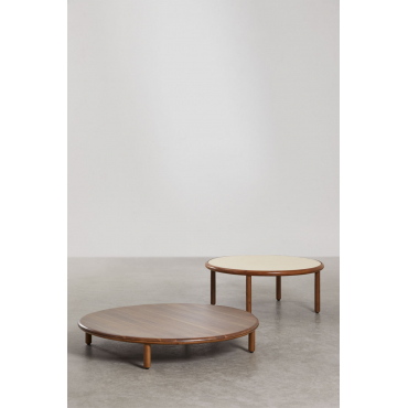 Set Van 2 Ronde Salontafels In Olivia Acaciahout Donker Houtbruin - Griesmeelbeige - Sklum