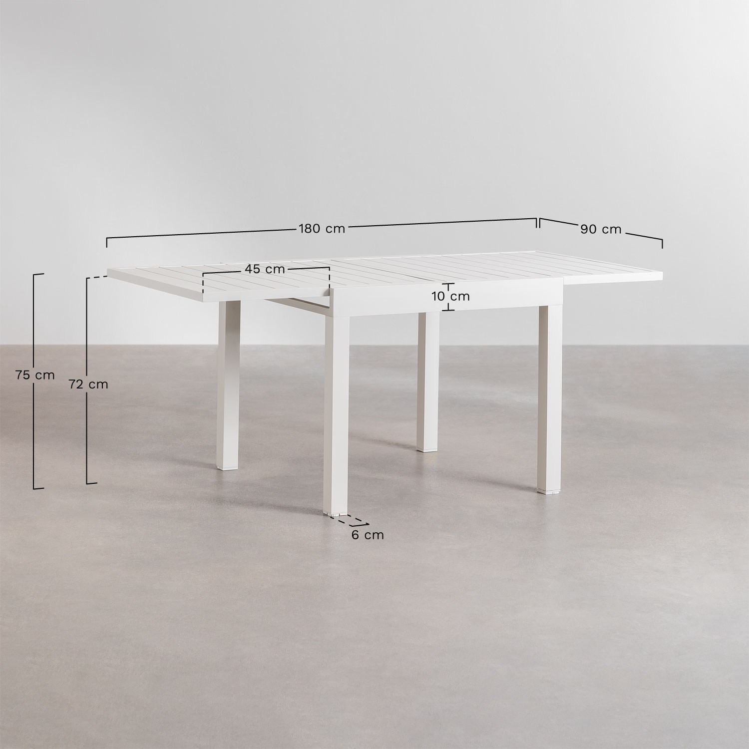 Set van rechthoekige tafel 90-180x90 cm uitschuifbaar in Starmi aluminium en 4 stapelbare Archer aluminium tuinstoelen, AFMETINGEN