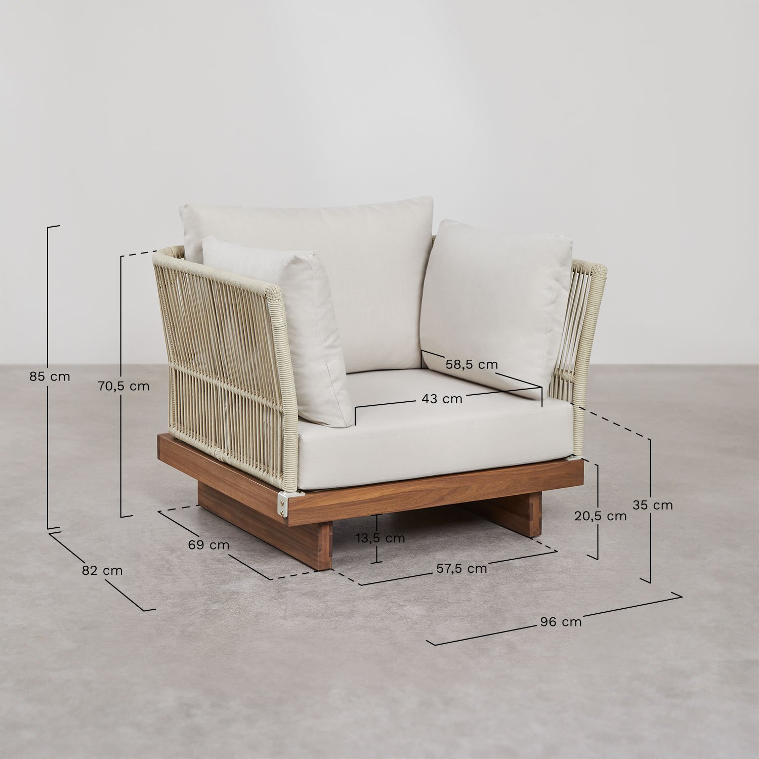 Pakket van 2 Dailin Acacia Houten en Gevlochten Touw Fauteuils, AFMETINGEN