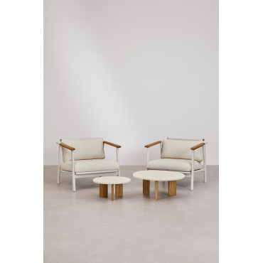 Woonkamerset Met 2 Fauteuils In Bouclé Stof En 2 Salontafels In Yervin Aluminium Bouclé Natuurlijke Kleuren - Sklum