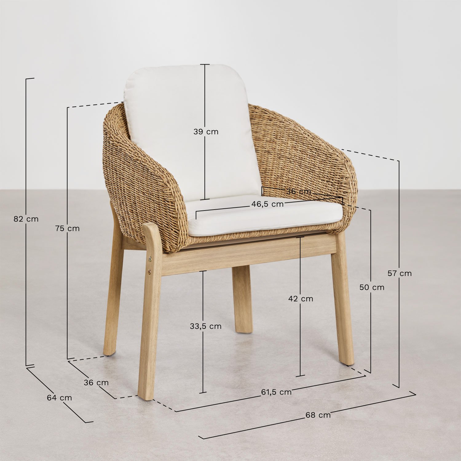Set van ronde tafel Ø120 cm in cement Namara en 4 tuinstoelen met armleuningen in acaciahout Leilan, AFMETINGEN