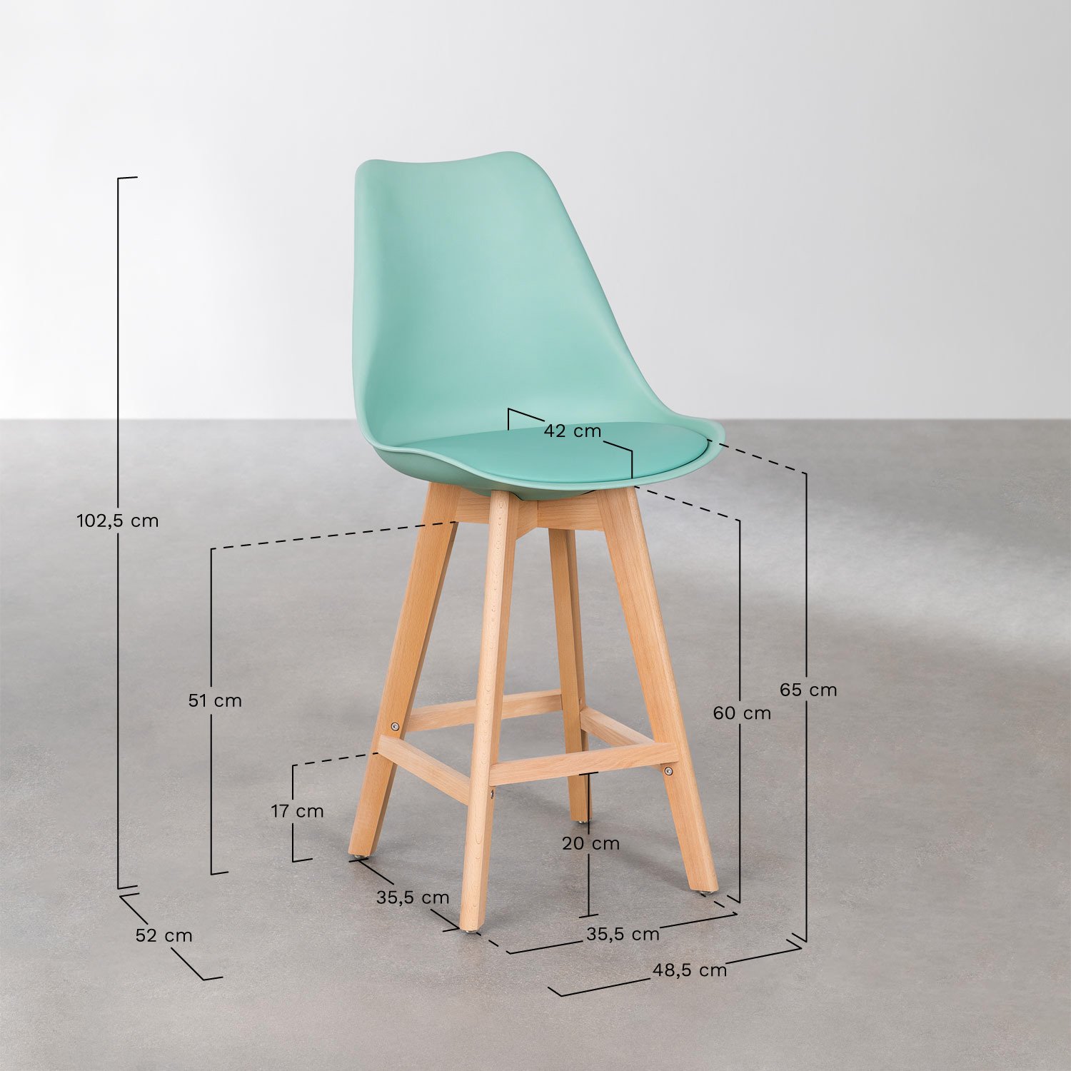 Verpakking van 2 hoge krukken 65 cm met kussen van Scandinavisch kunstleer, AFMETINGEN