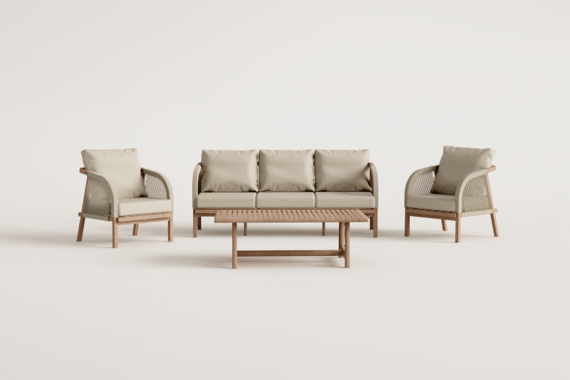 Woonkamerset met 3-zitsbank, 2 fauteuils en salontafel van acaciahout Dubai