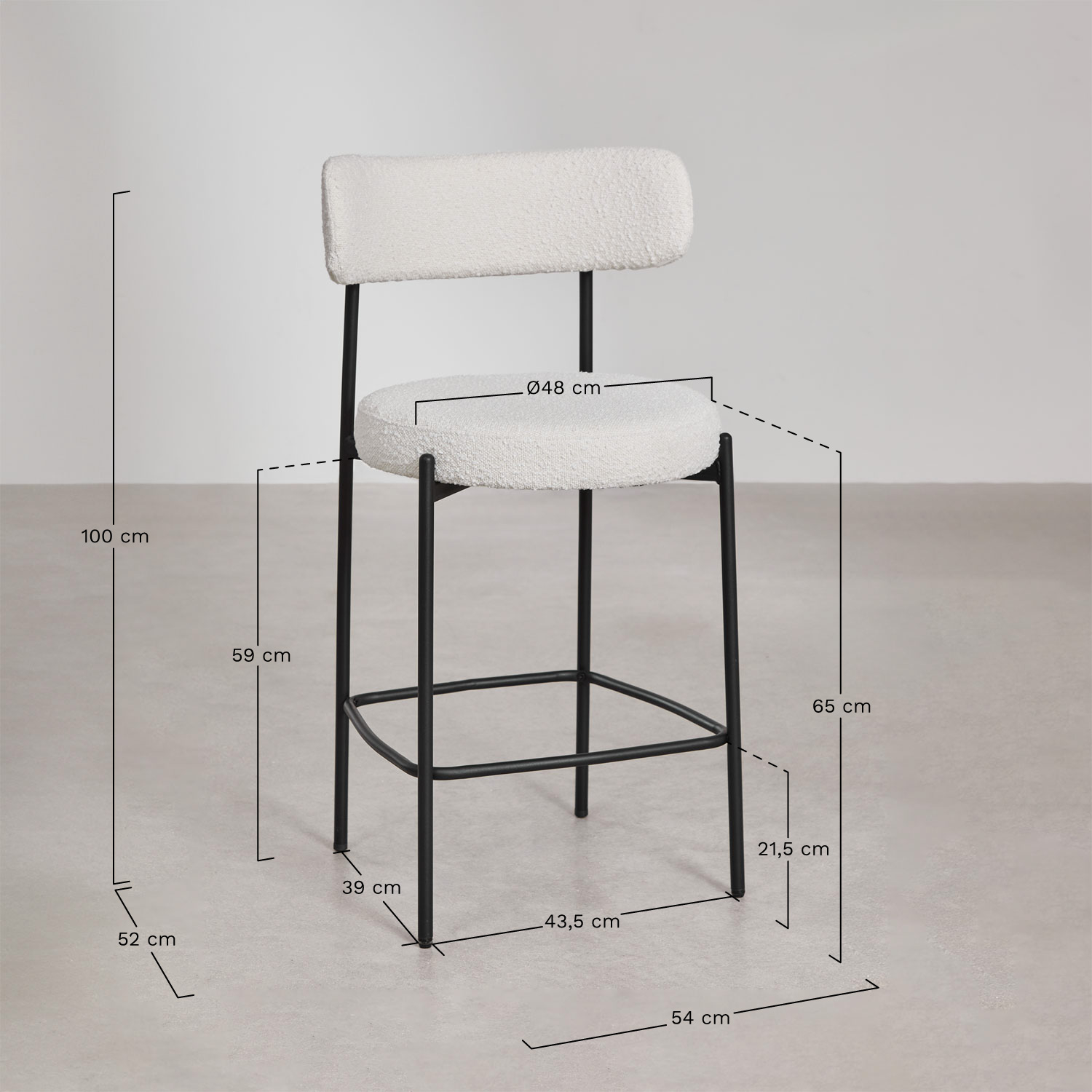 Set van 4 Anisa gestoffeerde hoge krukken 65 cm met rugleuning, AFMETINGEN