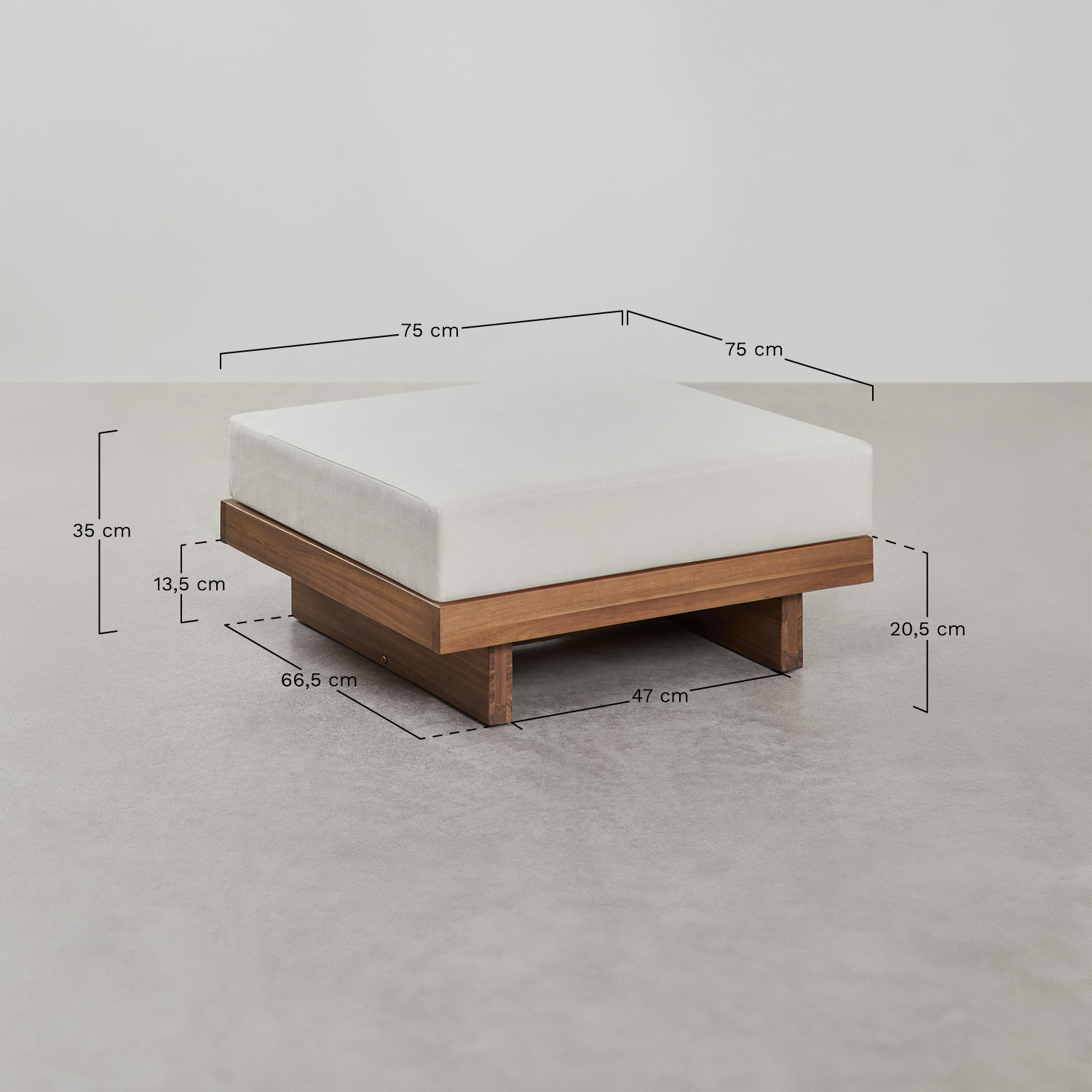 Tuinmodulaire 3-delige bank met 2 hoekfauteuils en poef van acaciahout Dailin, AFMETINGEN