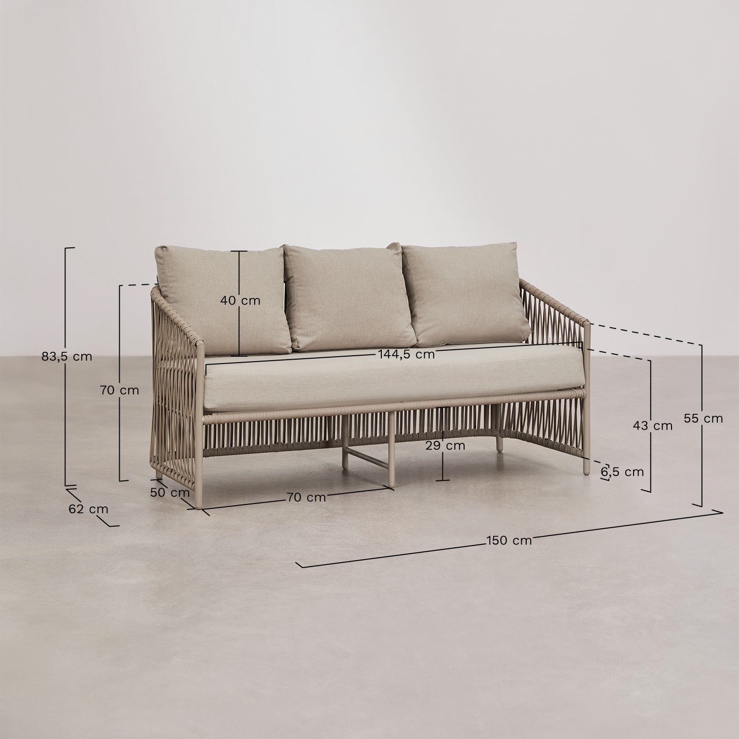 Tuinset met een 2-zitsbank, 2 fauteuils en salontafels van aluminium en Sophie gevlochten touw., AFMETINGEN