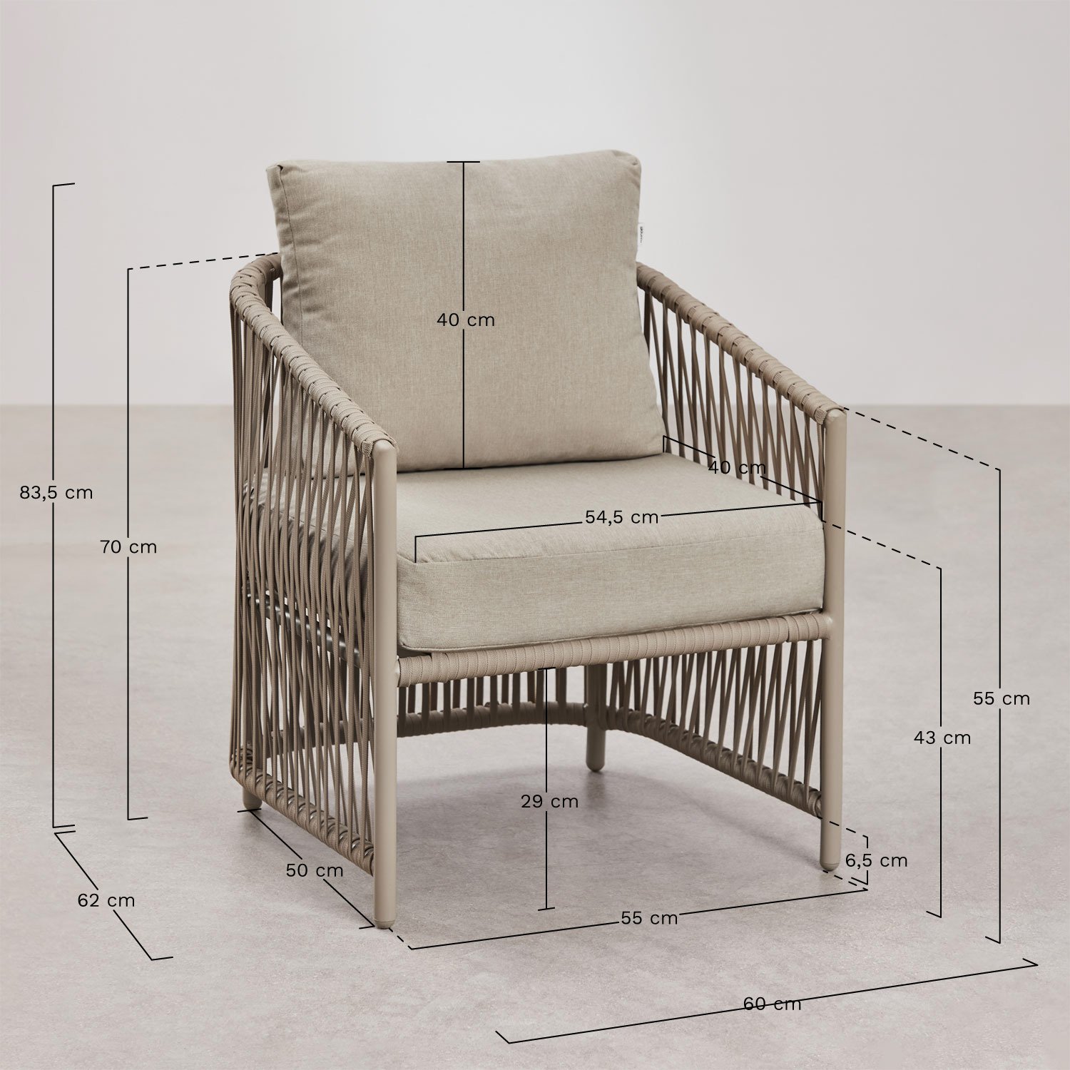 Tuinset met een 2-zitsbank, 2 fauteuils en salontafels van aluminium en Sophie gevlochten touw., AFMETINGEN
