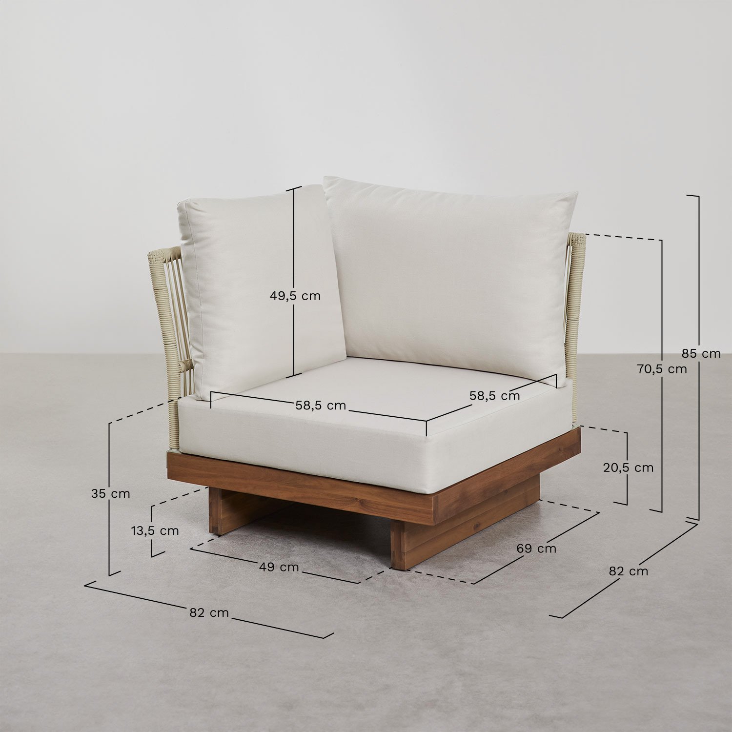 Dailin 4-delige modulaire tuinbankset met 2 hoekstoelen, salontafel, fauteuil en poef in acaciahout, AFMETINGEN