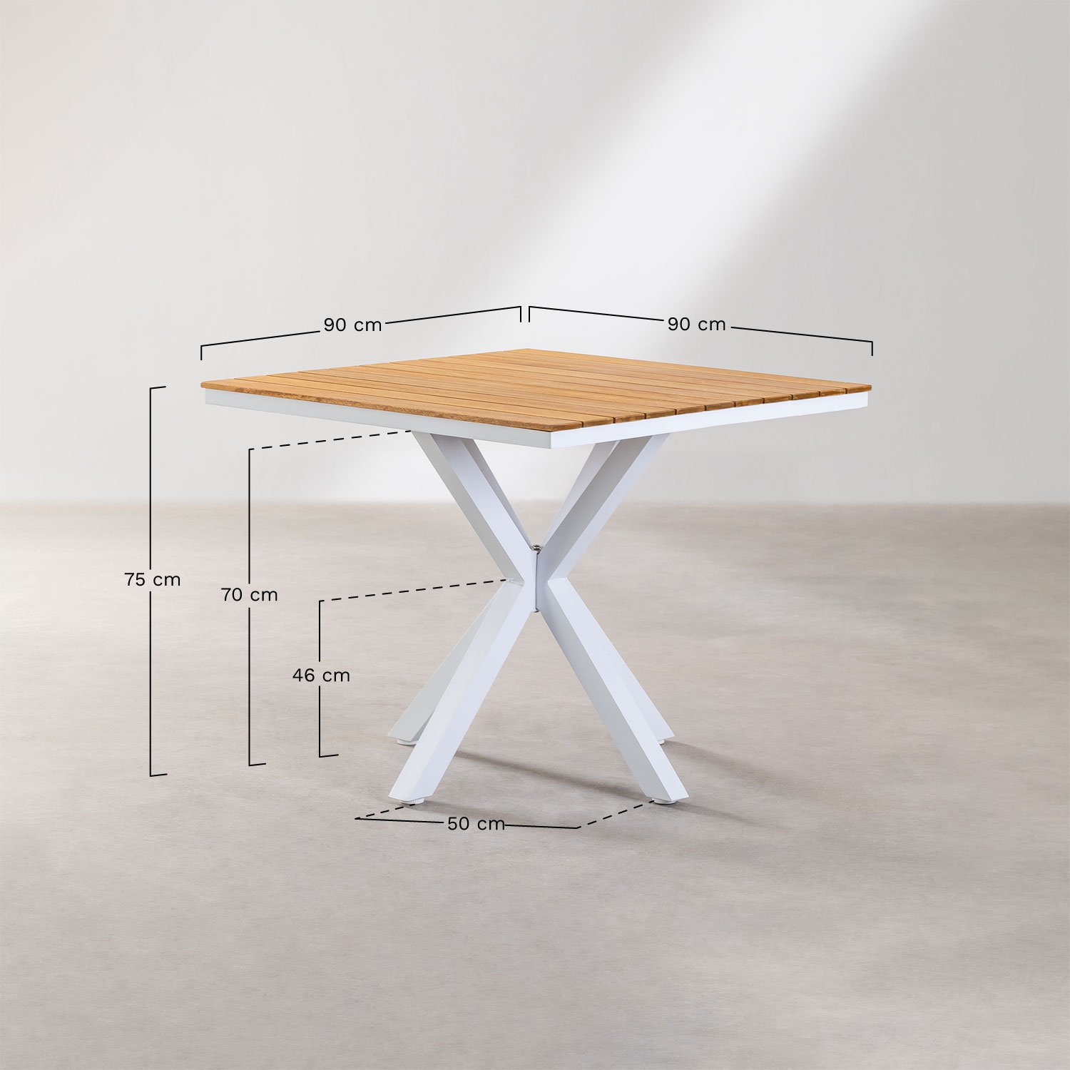 Vierkante tuintafel 90x90 cm van eucalyptus en aluminium Archer, AFMETINGEN