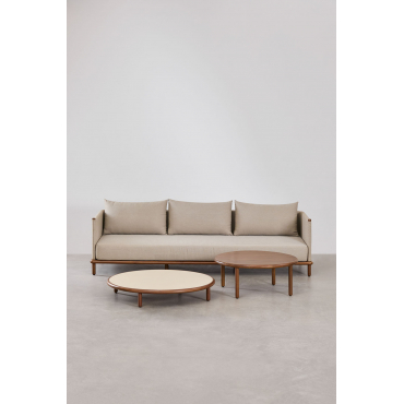 Woonkamerset Met 3-zitsbank En 2 Ronde Salontafels In Olivia Acaciahout Griesmeelbeige - Donker Houtbruin - Sklum