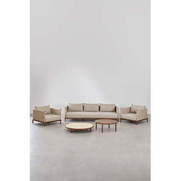 Woonkamerset Met 3-zitsbank, 2 Fauteuils En 2 Ronde Salontafels In Olivia Acaciahout Griesmeelbeige - Donker Houtbruin - Sklum