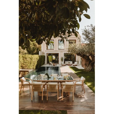 Set Van Een Rechthoekige Tafel 200x100 Cm In Tegellook En 8 Tuinstoelen Van Acaciahout En Cement Dubai Donkergroen & Stof Gardenia Wit - Sklum