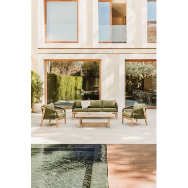 Tuinset Met 3-zitsbank, 2 Fauteuils En Salontafel In Acaciahout Dubai Leger Groen & Rustiek Acaciabruin - Sklum